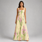 Square Neck Pleated Maxi Dress - Elegant Watercolor Floral Belted Gown - Luxxella