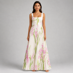 Square Neck Pleated Maxi Dress - Elegant Watercolor Floral Belted Gown - Luxxella