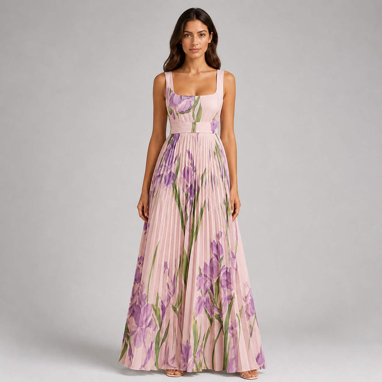 Square Neck Pleated Maxi Dress - Elegant Watercolor Floral Belted Gown - Luxxella