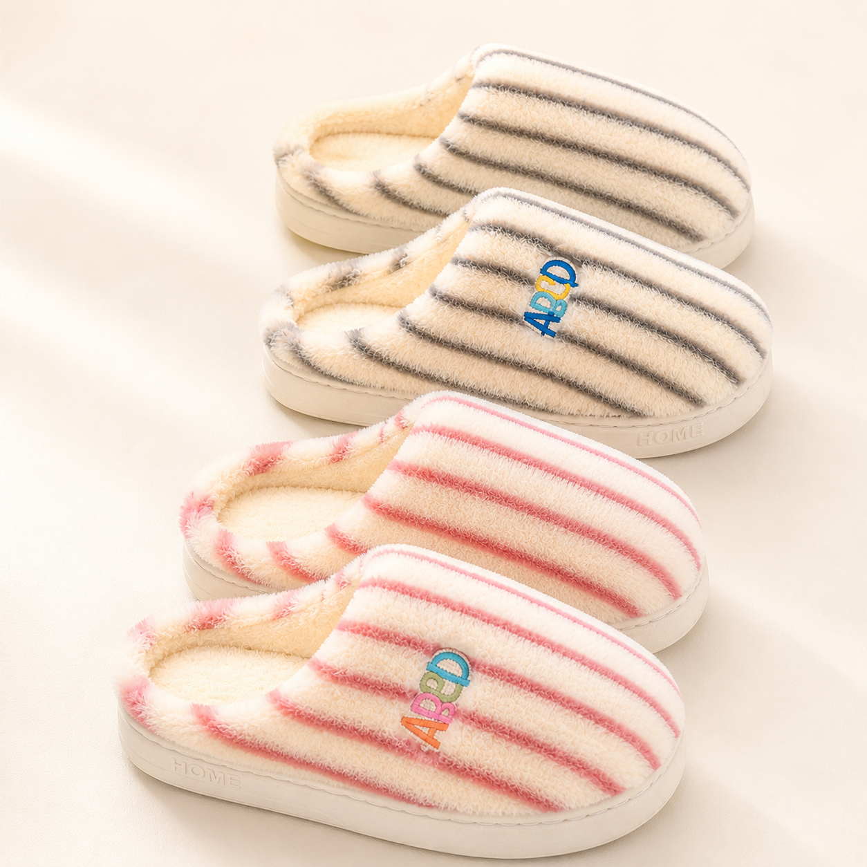 Plush Striped Bedroom Slippers – Warm Letter Embroidered Indoor House Shoes - Luxxella