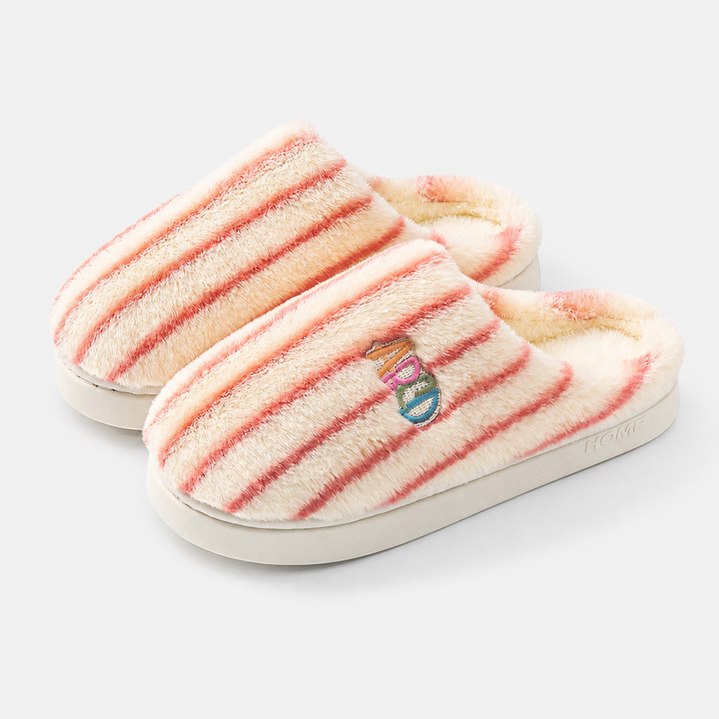 Plush Striped Bedroom Slippers – Warm Letter Embroidered Indoor House Shoes - Luxxella