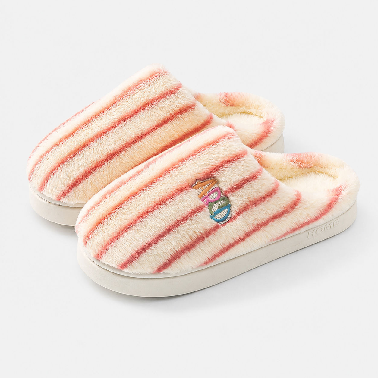 Plush Striped Bedroom Slippers – Warm Letter Embroidered Indoor House Shoes - Luxxella