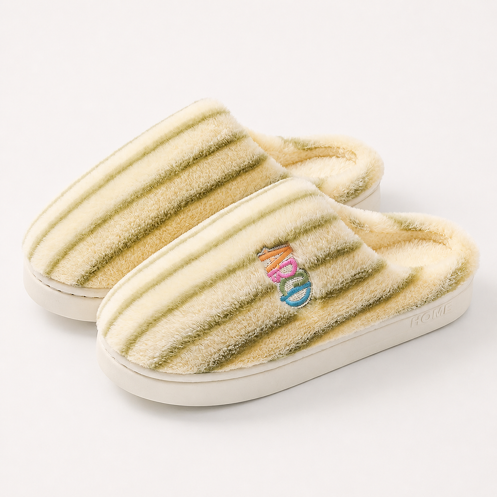 Plush Striped Bedroom Slippers – Warm Letter Embroidered Indoor House Shoes - Luxxella