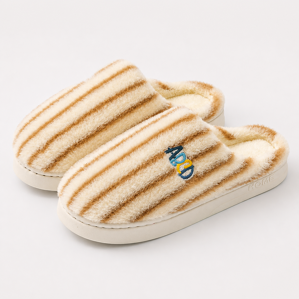 Plush Striped Bedroom Slippers – Warm Letter Embroidered Indoor House Shoes - Luxxella