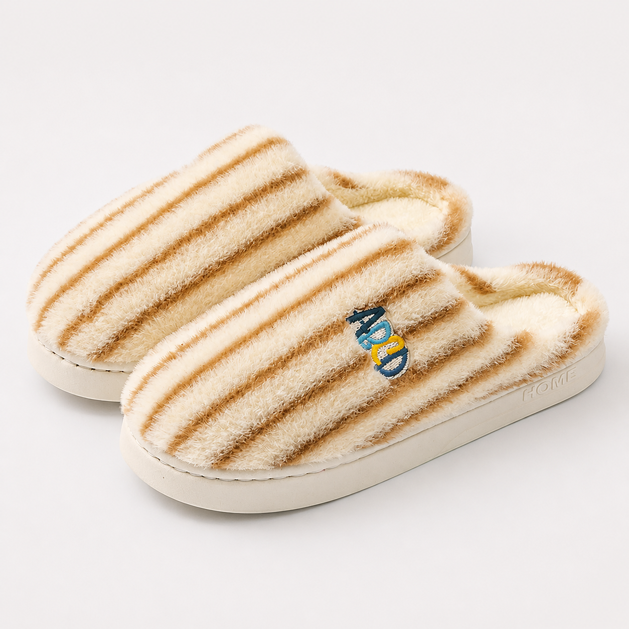 Plush Striped Bedroom Slippers – Warm Letter Embroidered Indoor House Shoes - Luxxella