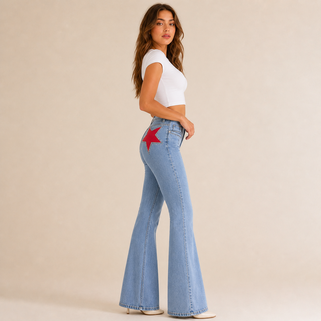 Flare Jeans for Women – Bell-Bottom Denim with Back Star Patch - Luxxella