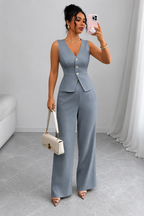 2 Piece Business Casual Outfit - Sleeveless Button-Down Vest and High-Waisted Wide Leg Pants Suit Set - Luxxella