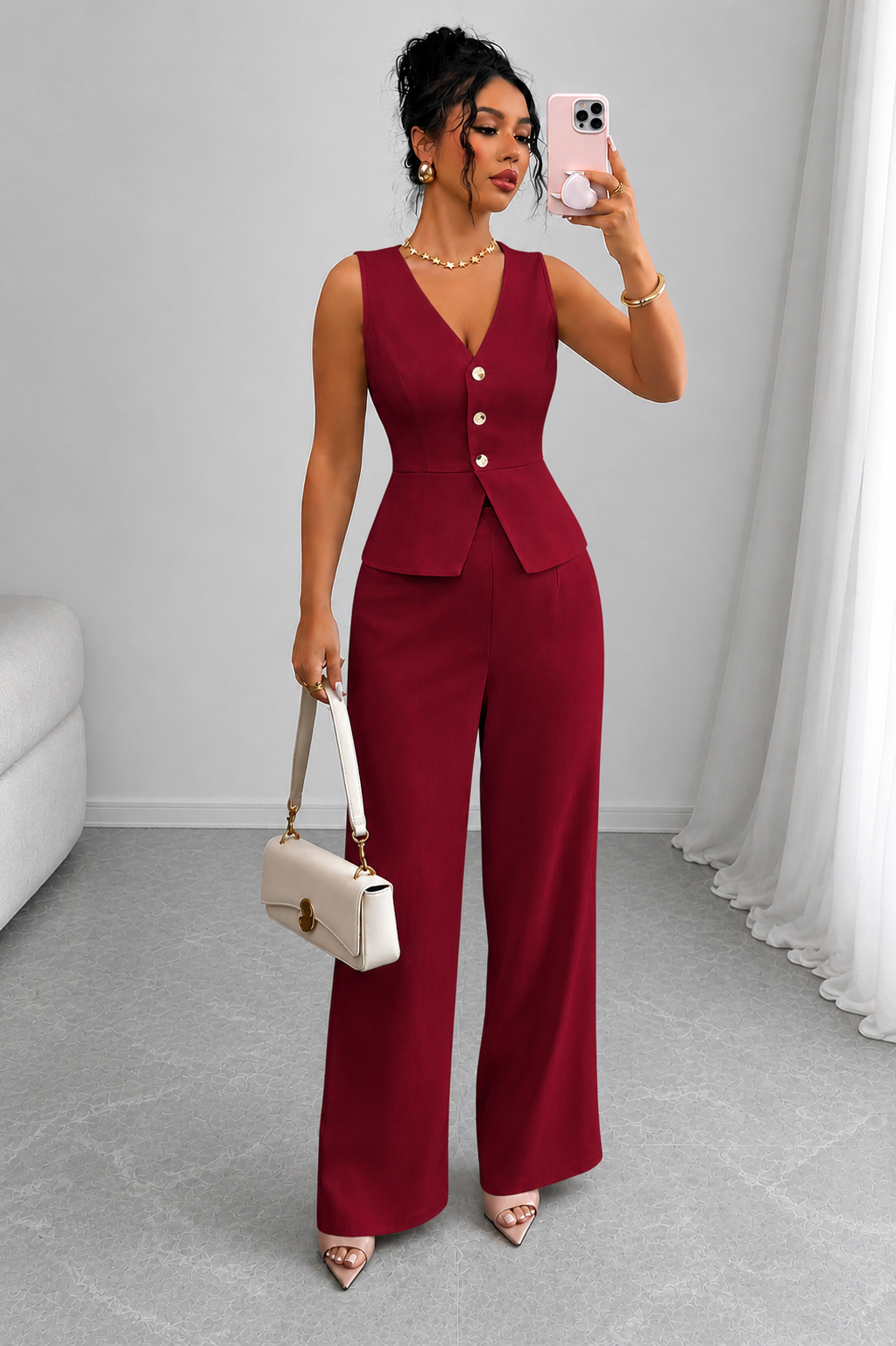 2 Piece Business Casual Outfit - Sleeveless Button-Down Vest and High-Waisted Wide Leg Pants Suit Set - Luxxella