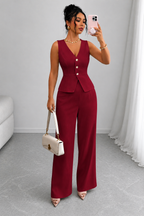 2 Piece Business Casual Outfit - Sleeveless Button-Down Vest and High-Waisted Wide Leg Pants Suit Set - Luxxella