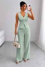 2 Piece Business Casual Outfit - Sleeveless Button-Down Vest and High-Waisted Wide Leg Pants Suit Set - Luxxella