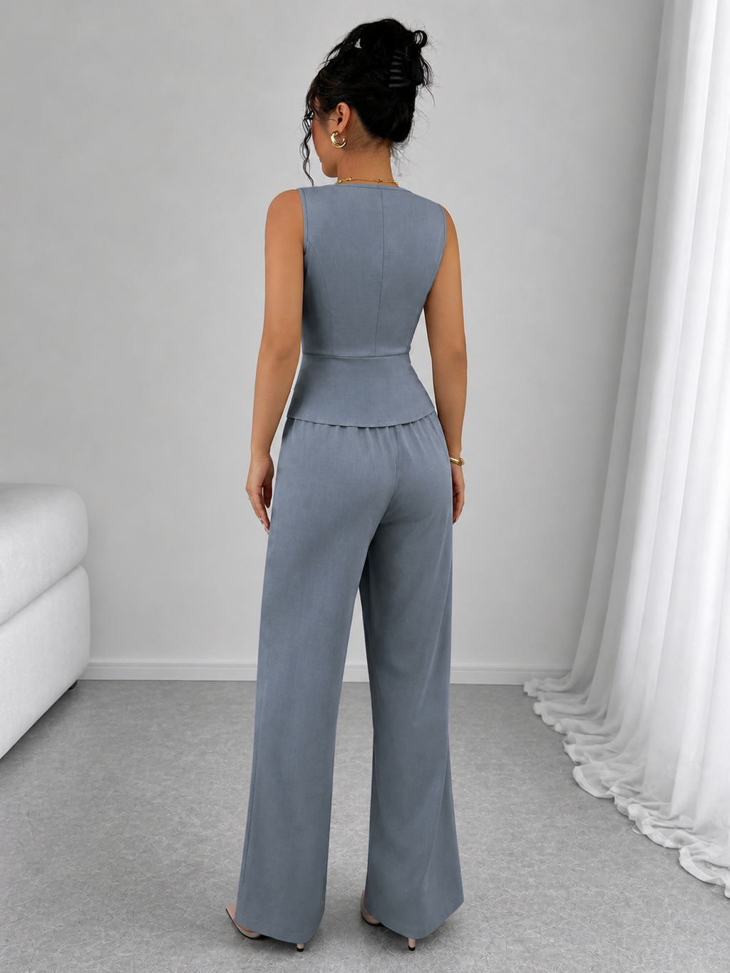 2 Piece Business Casual Outfit - Sleeveless Button-Down Vest and High-Waisted Wide Leg Pants Suit Set - Luxxella