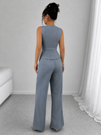 2 Piece Business Casual Outfit - Sleeveless Button-Down Vest and High-Waisted Wide Leg Pants Suit Set - Luxxella
