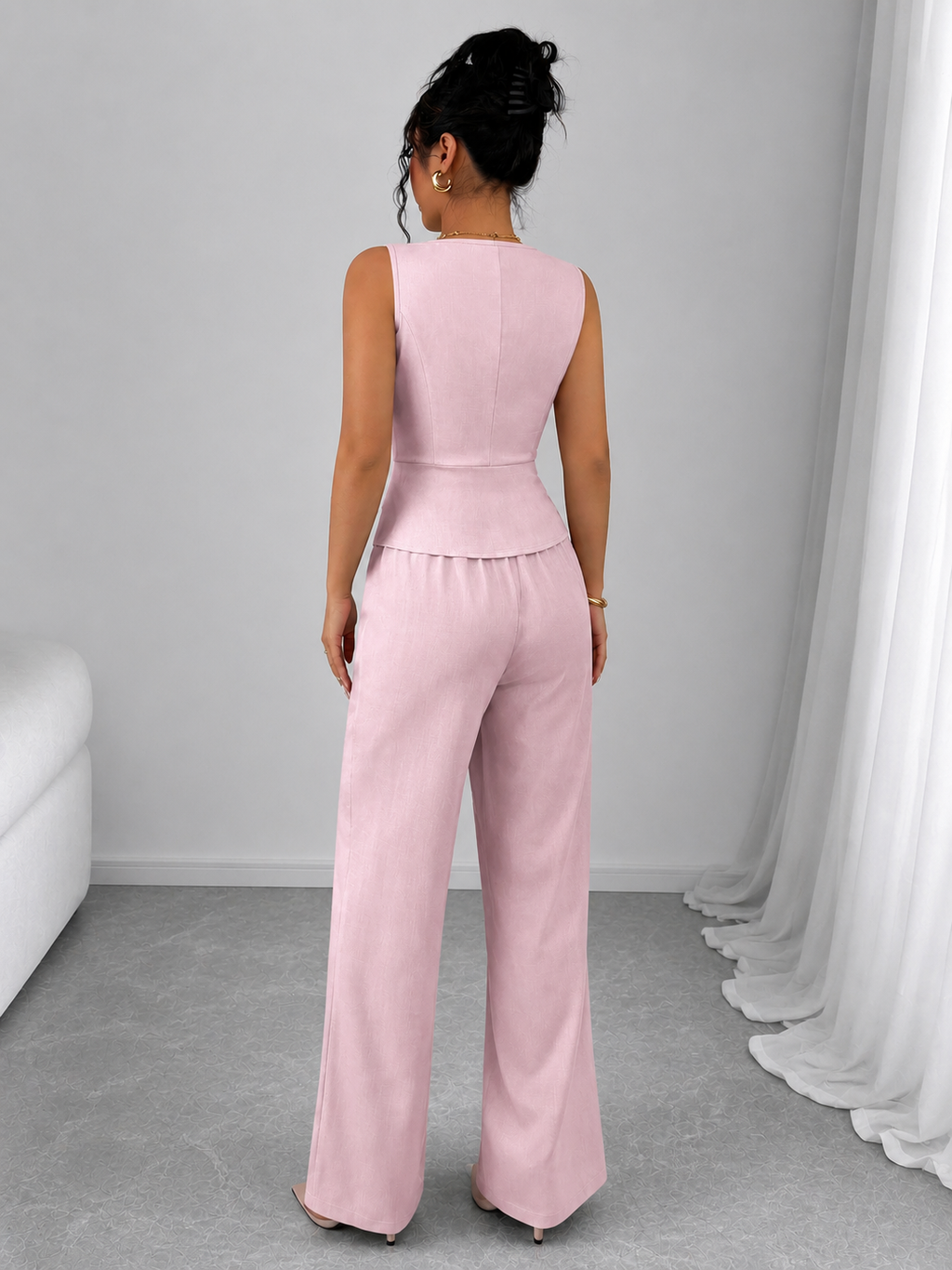 2 Piece Business Casual Outfit - Sleeveless Button-Down Vest and High-Waisted Wide Leg Pants Suit Set - Luxxella