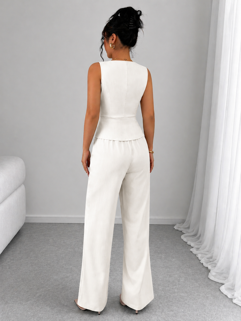 2 Piece Business Casual Outfit - Sleeveless Button-Down Vest and High-Waisted Wide Leg Pants Suit Set - Luxxella