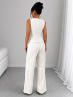 2 Piece Business Casual Outfit - Sleeveless Button-Down Vest and High-Waisted Wide Leg Pants Suit Set - Luxxella