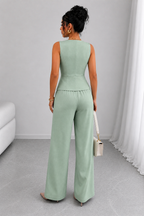 2 Piece Business Casual Outfit - Sleeveless Button-Down Vest and High-Waisted Wide Leg Pants Suit Set - Luxxella
