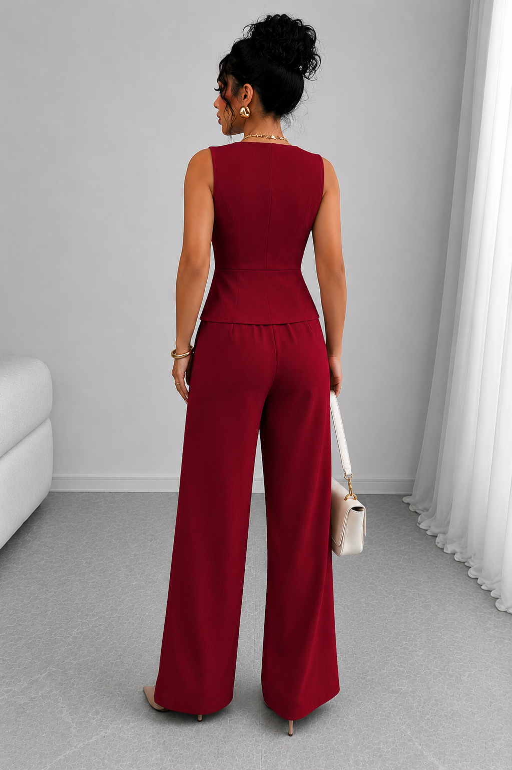 2 Piece Business Casual Outfit - Sleeveless Button-Down Vest and High-Waisted Wide Leg Pants Suit Set - Luxxella