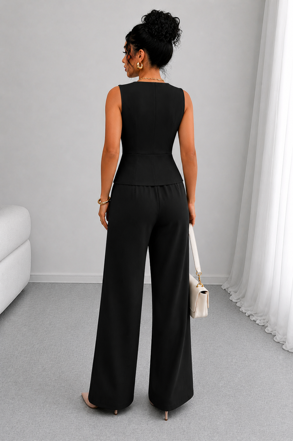 2 Piece Business Casual Outfit - Sleeveless Button-Down Vest and High-Waisted Wide Leg Pants Suit Set - Luxxella
