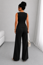 2 Piece Business Casual Outfit - Sleeveless Button-Down Vest and High-Waisted Wide Leg Pants Suit Set - Luxxella