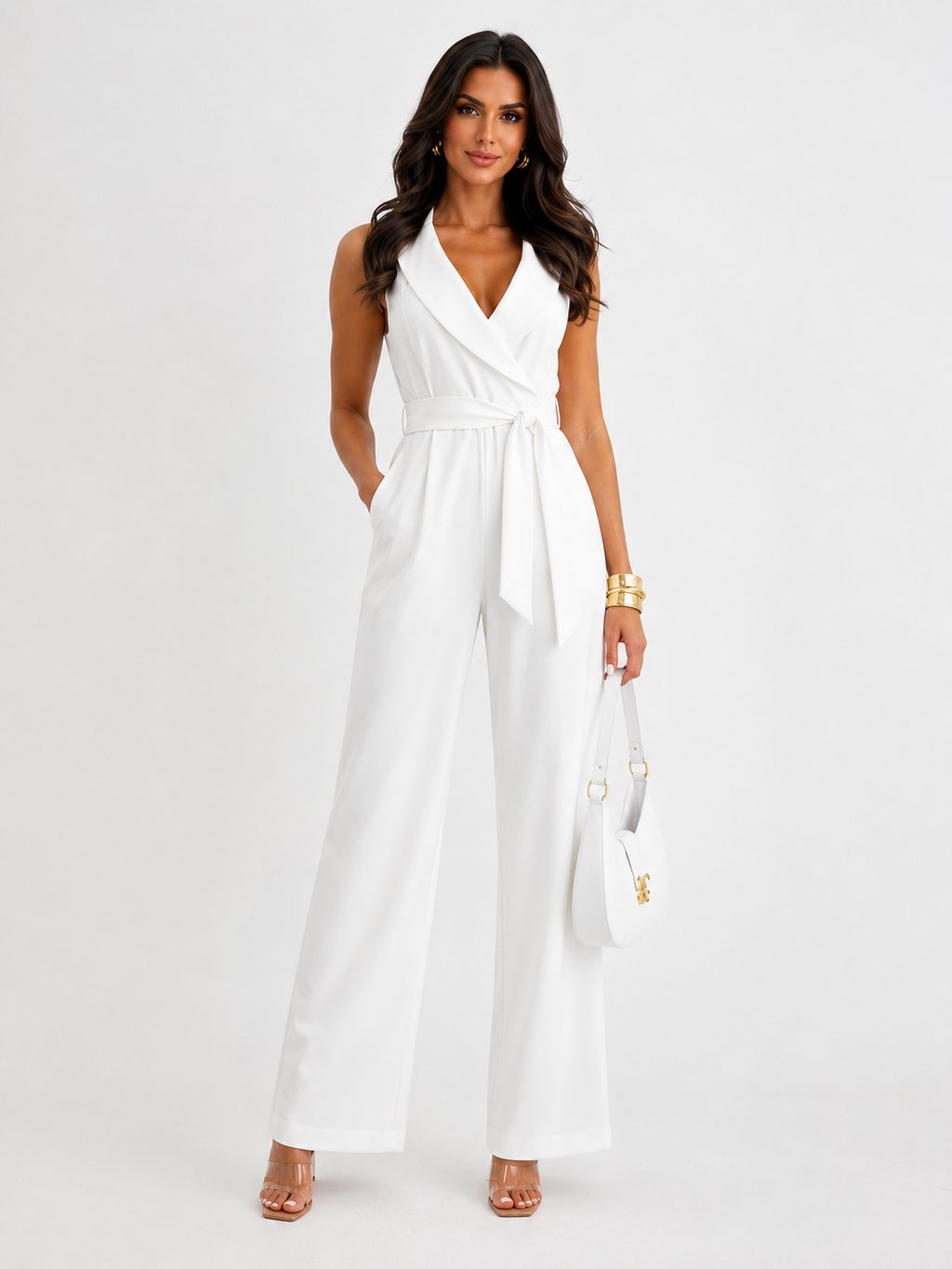 V-Neck Sleeveless Wide Leg Jumpsuit with Pockets and Tie Waist - Luxxella