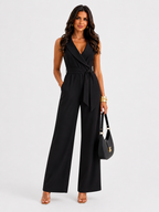 V-Neck Sleeveless Wide Leg Jumpsuit with Pockets and Tie Waist - Luxxella