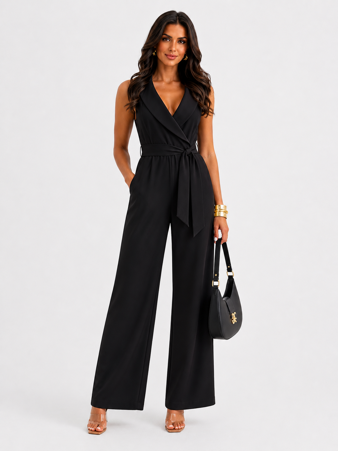 V-Neck Sleeveless Wide Leg Jumpsuit with Pockets and Tie Waist - Luxxella