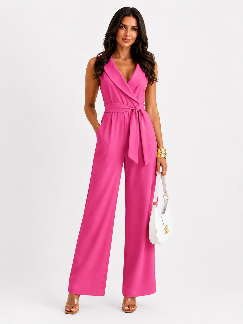 V-Neck Sleeveless Wide Leg Jumpsuit with Pockets and Tie Waist - Luxxella