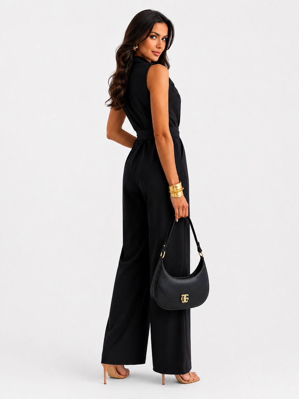 V-Neck Sleeveless Wide Leg Jumpsuit with Pockets and Tie Waist - Luxxella