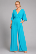 V-Neck Wide-Leg Jumpsuit with Kimono Sleeves and Smocked Waist - Luxxella
