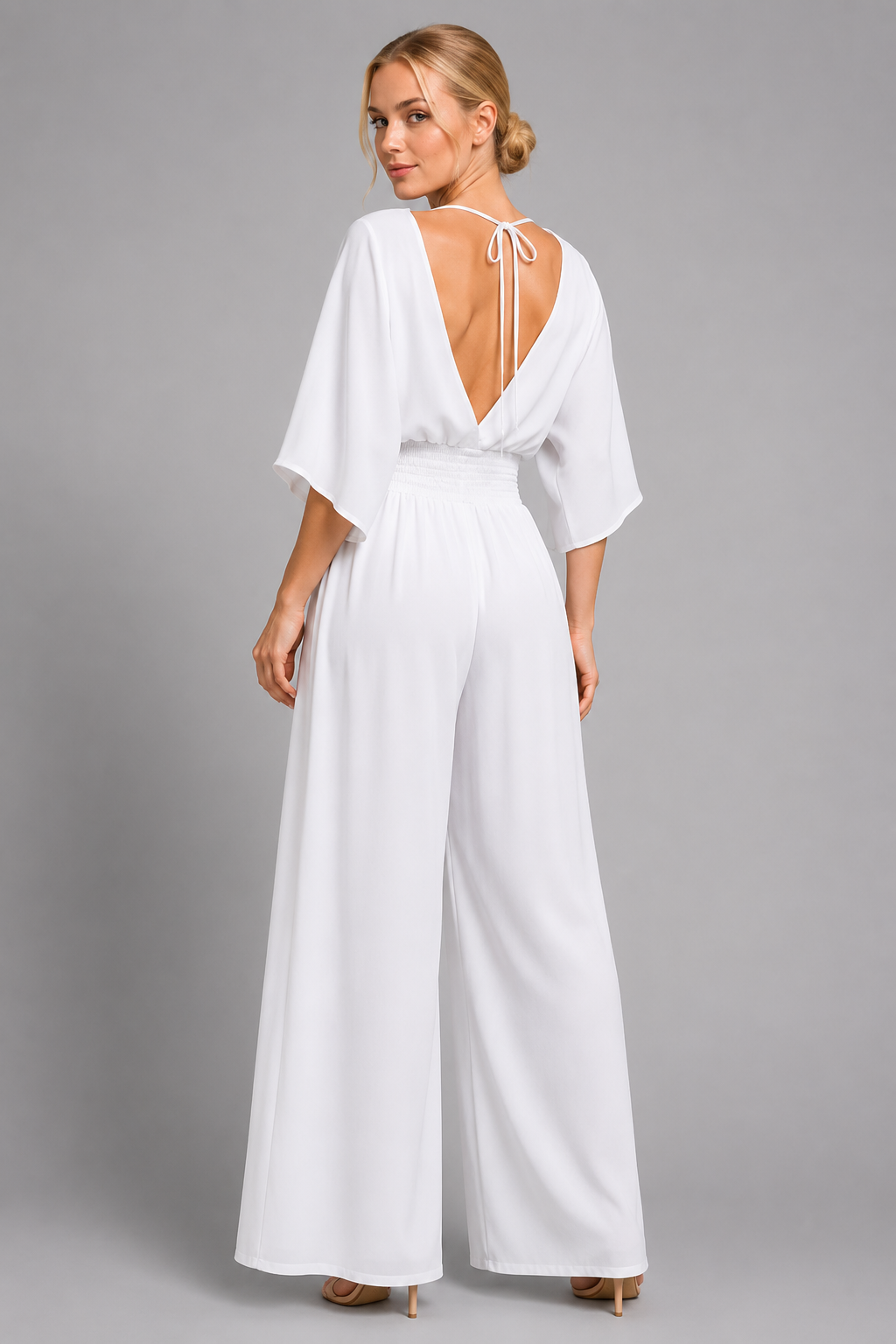 V-Neck Wide-Leg Jumpsuit with Kimono Sleeves and Smocked Waist - Luxxella