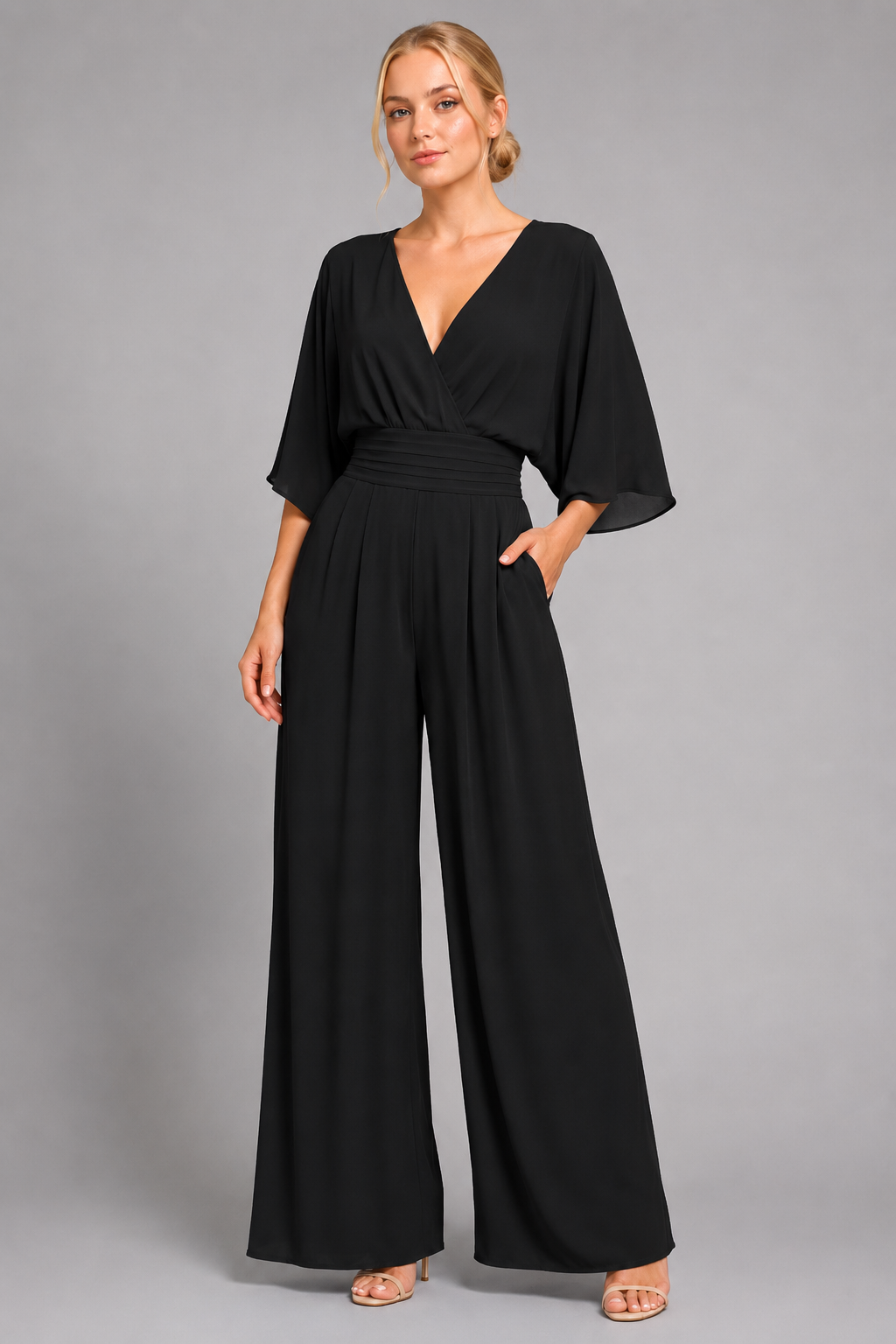 V-Neck Wide-Leg Jumpsuit with Kimono Sleeves and Smocked Waist - Luxxella
