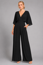 V-Neck Wide-Leg Jumpsuit with Kimono Sleeves and Smocked Waist - Luxxella