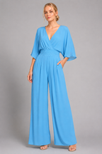 V-Neck Wide-Leg Jumpsuit with Kimono Sleeves and Smocked Waist - Luxxella