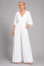 V-Neck Wide-Leg Jumpsuit with Kimono Sleeves and Smocked Waist - Luxxella