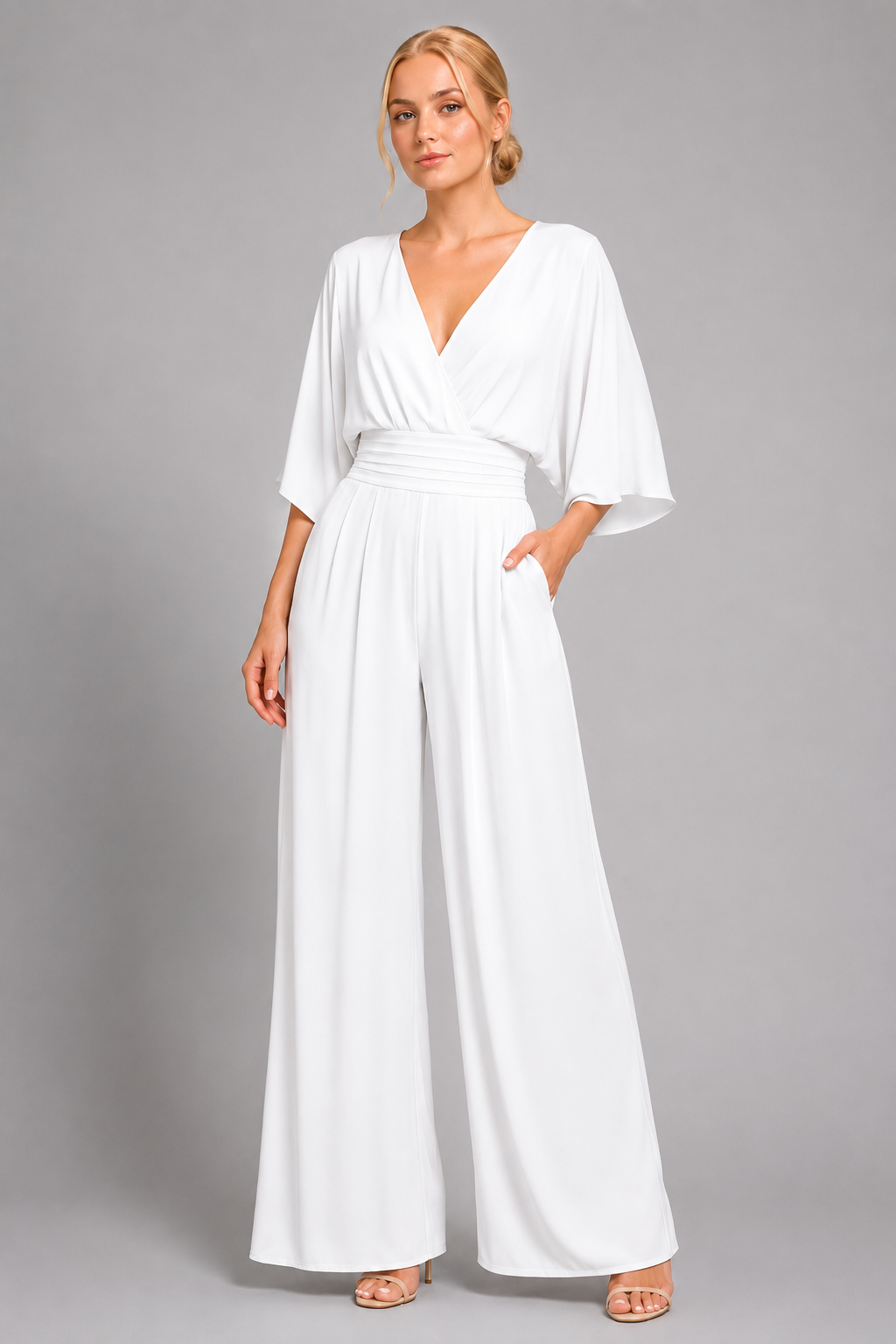 V-Neck Wide-Leg Jumpsuit with Kimono Sleeves and Smocked Waist - Luxxella