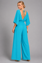 V-Neck Wide-Leg Jumpsuit with Kimono Sleeves and Smocked Waist - Luxxella
