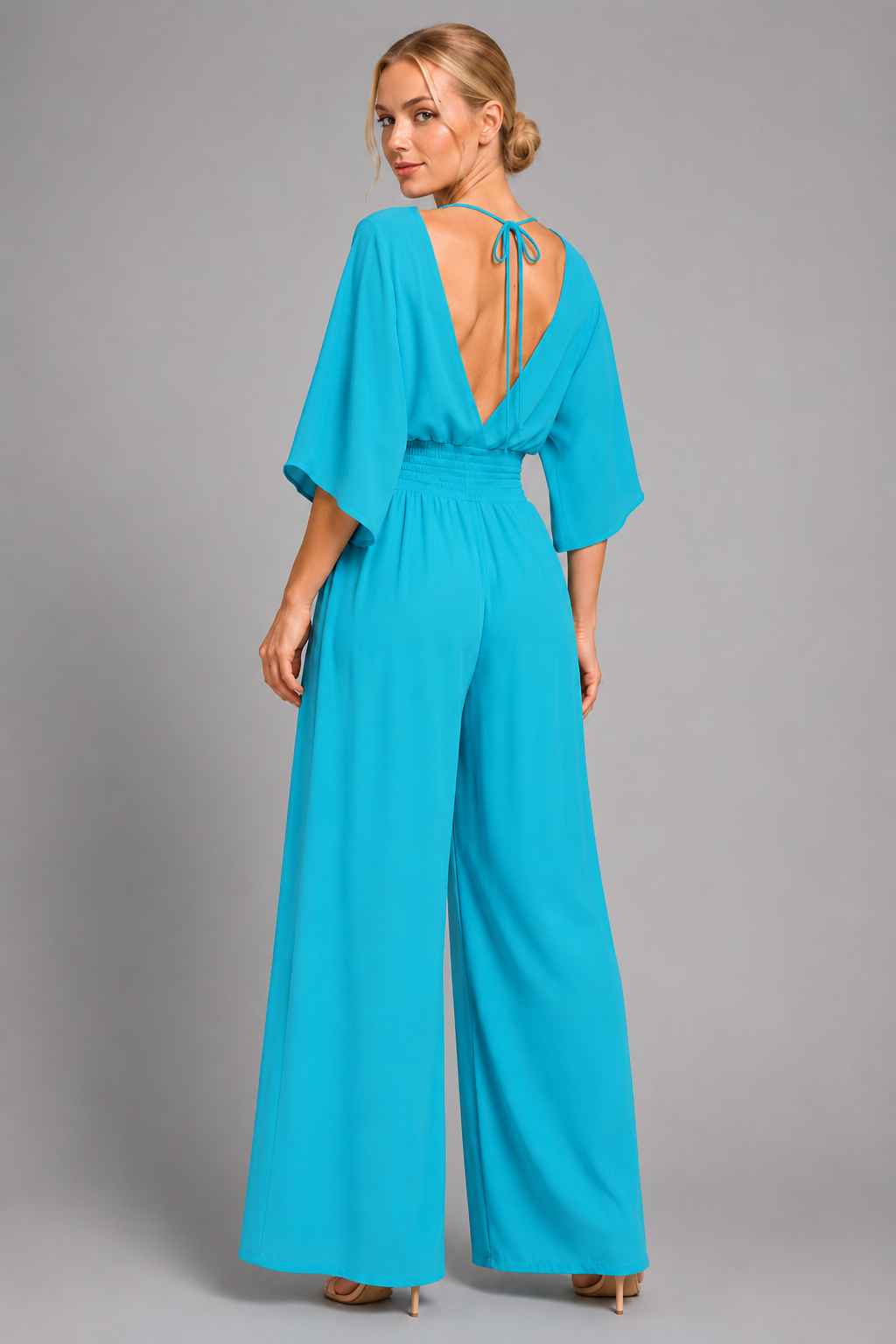 V-Neck Wide-Leg Jumpsuit with Kimono Sleeves and Smocked Waist - Luxxella
