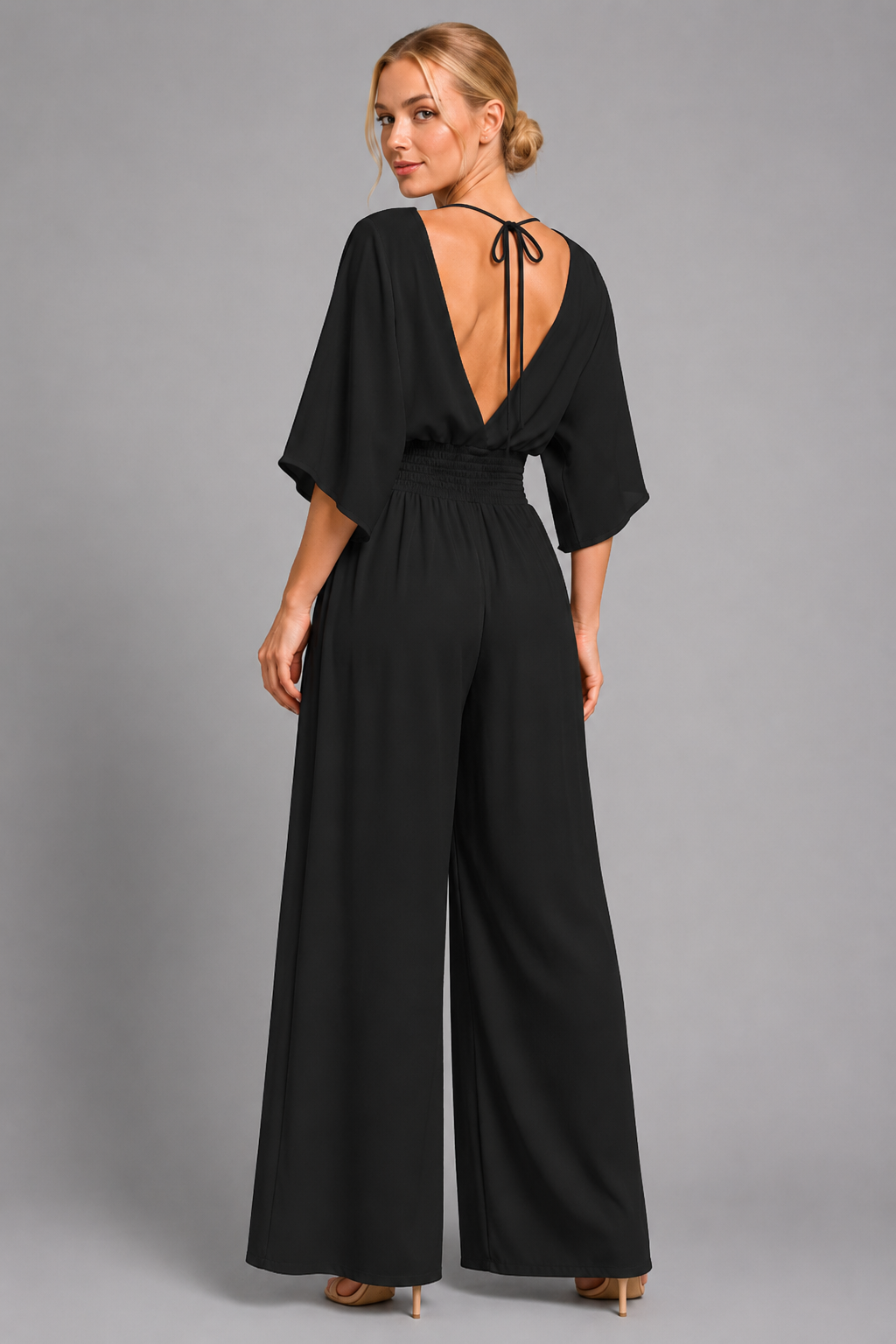 V-Neck Wide-Leg Jumpsuit with Kimono Sleeves and Smocked Waist - Luxxella