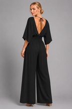 V-Neck Wide-Leg Jumpsuit with Kimono Sleeves and Smocked Waist - Luxxella