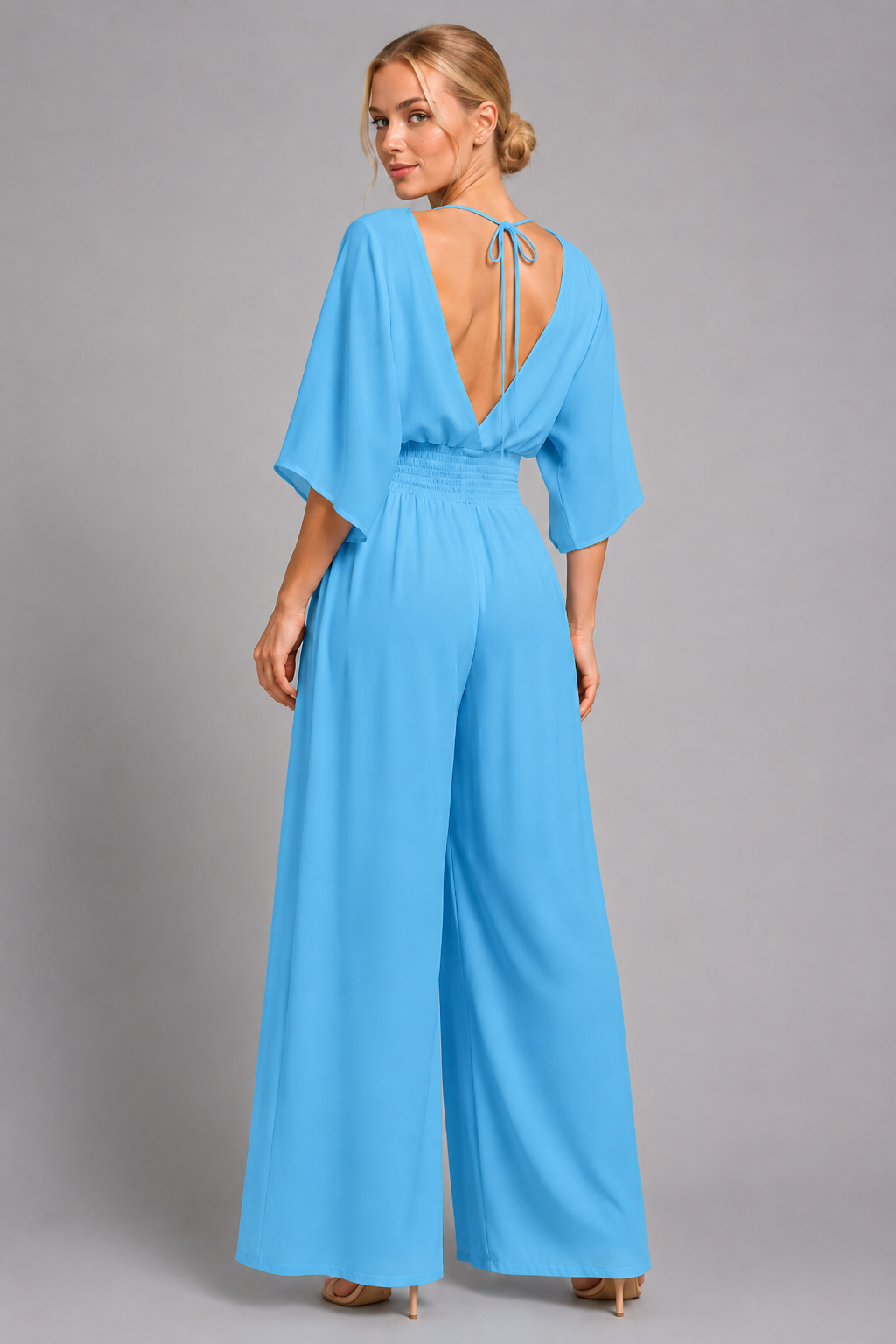 V-Neck Wide-Leg Jumpsuit with Kimono Sleeves and Smocked Waist - Luxxella