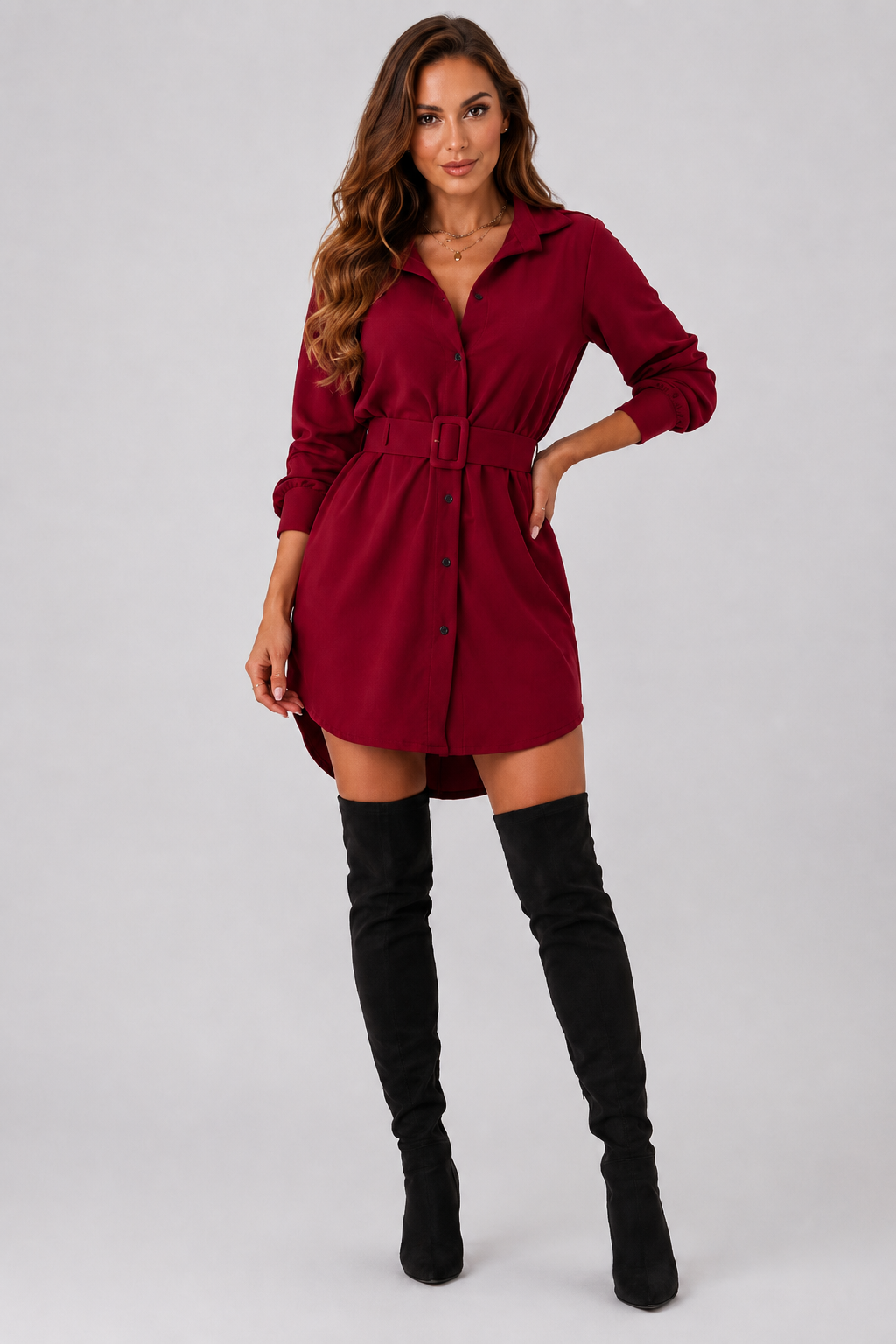 Lapel Long-sleeved Button Down Shirt Dress with Matching Waist Belt - Luxxella