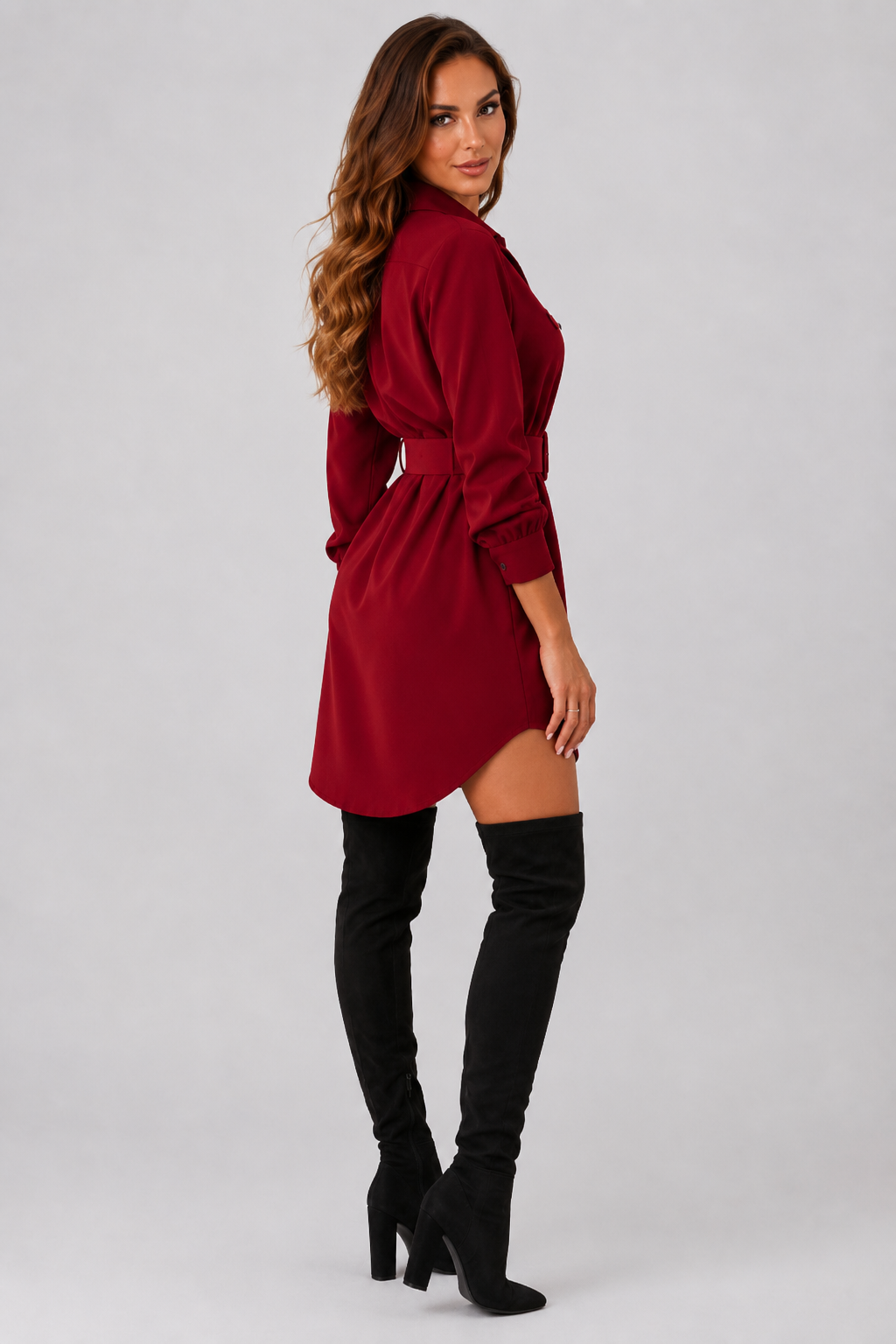 Lapel Long-sleeved Button Down Shirt Dress with Matching Waist Belt - Luxxella