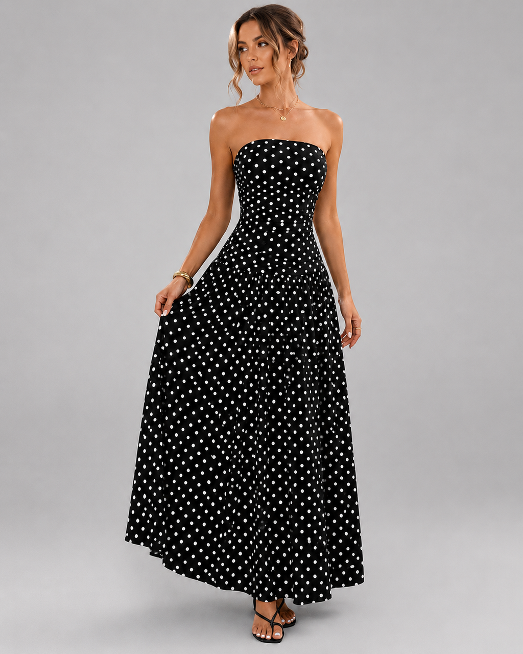 Strapless Tube Top Maxi Dress – Smocked Bust Red Polka Dot Sundress - Luxxella