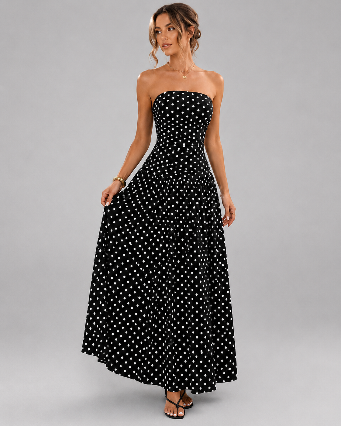 Strapless Tube Top Maxi Dress – Smocked Bust Red Polka Dot Sundress - Luxxella