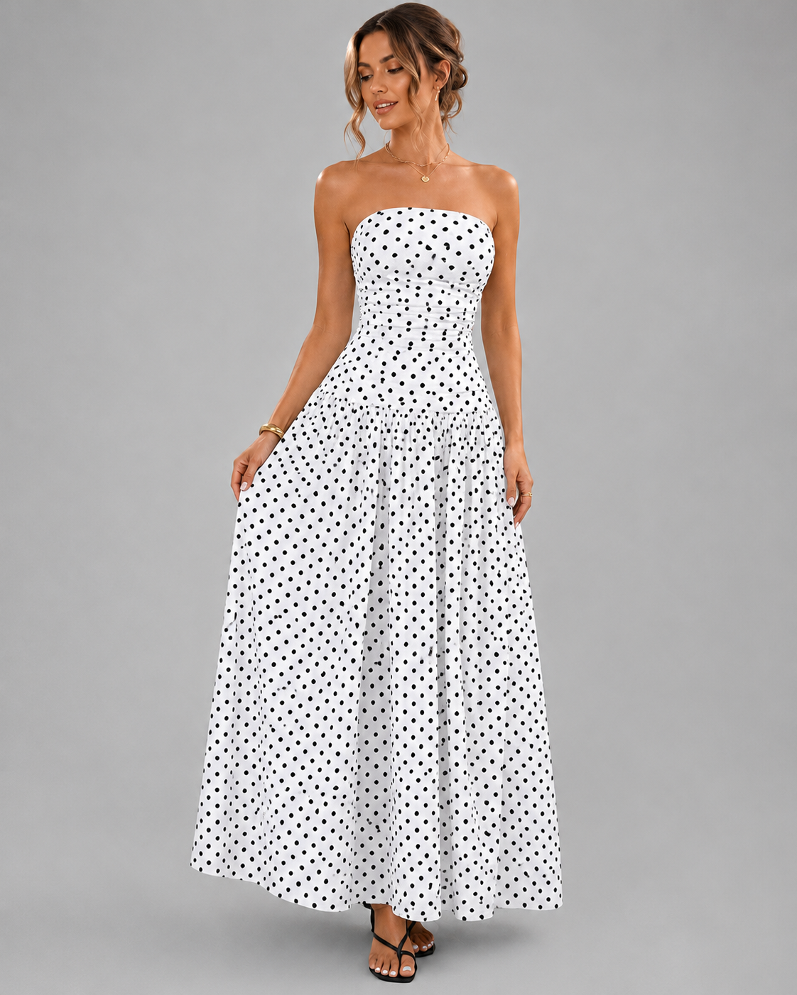 Women's Strapless Tube Top Maxi Dress for Women - Smocked Bust Polka Dot Sundress