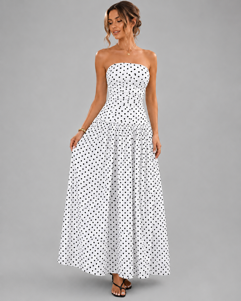 Strapless Tube Top Maxi Dress – Smocked Bust Red Polka Dot Sundress - Luxxella
