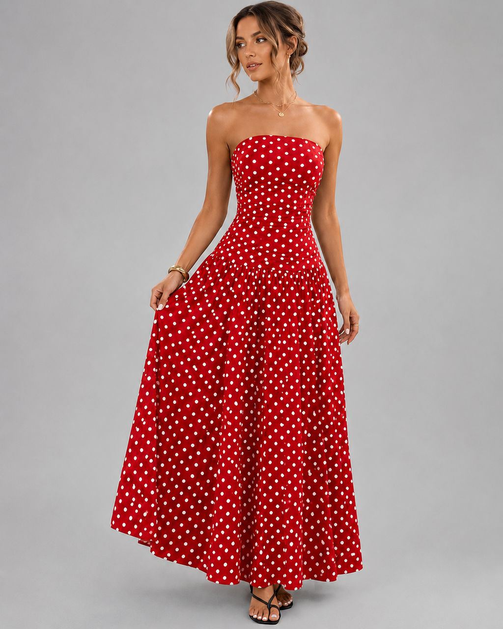 Strapless Tube Top Maxi Dress – Smocked Bust Red Polka Dot Sundress - Luxxella