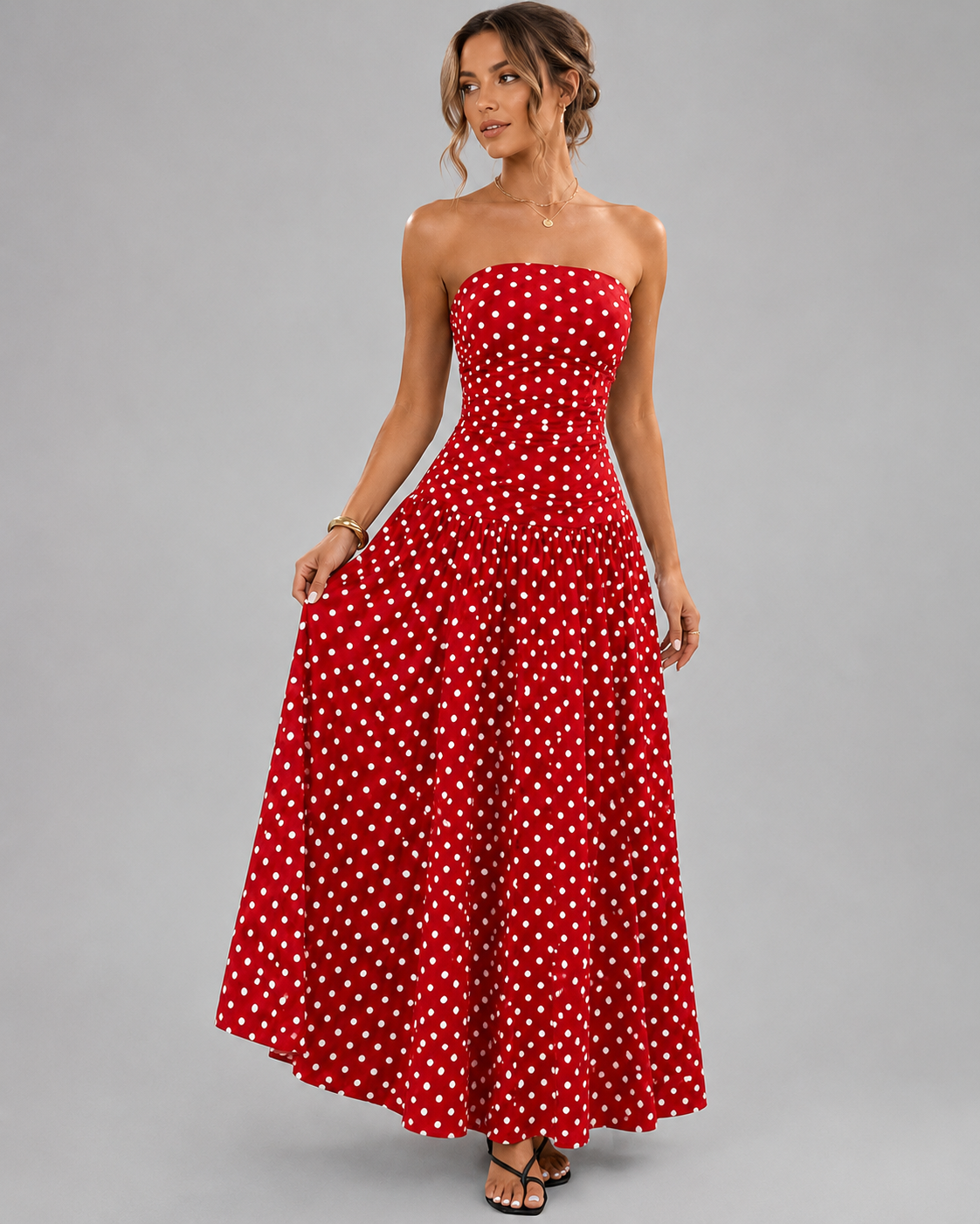 Strapless Tube Top Maxi Dress – Smocked Bust Red Polka Dot Sundress - Luxxella