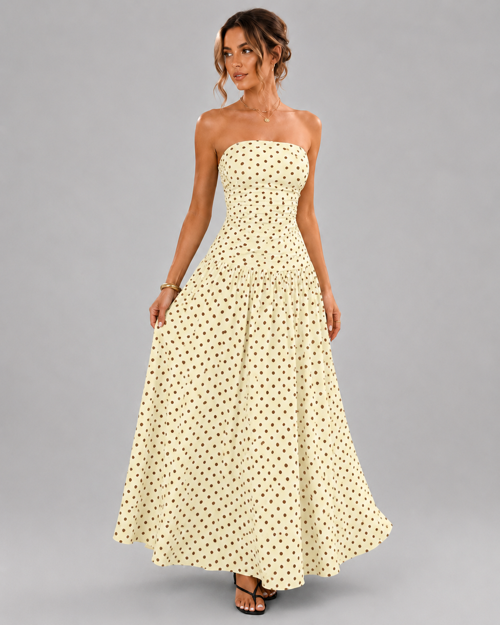 Strapless Tube Top Maxi Dress – Smocked Bust Red Polka Dot Sundress, Red / 2XL