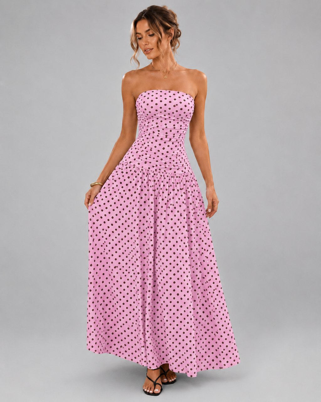Strapless Tube Top Maxi Dress – Smocked Bust Red Polka Dot Sundress - Luxxella